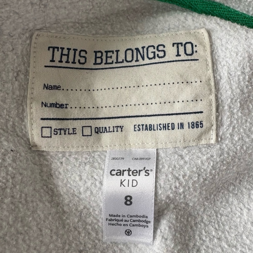 Boys Carters Zip Up FleeceHoodie Sweatshirt Gray Size 8 - Picture 3 of 4